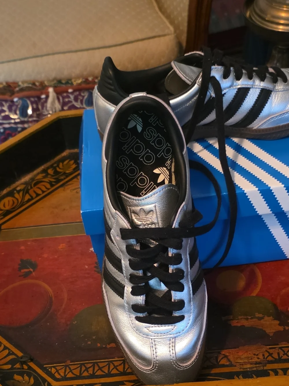 adidas Silver Samba Sneakers with Black Stripes